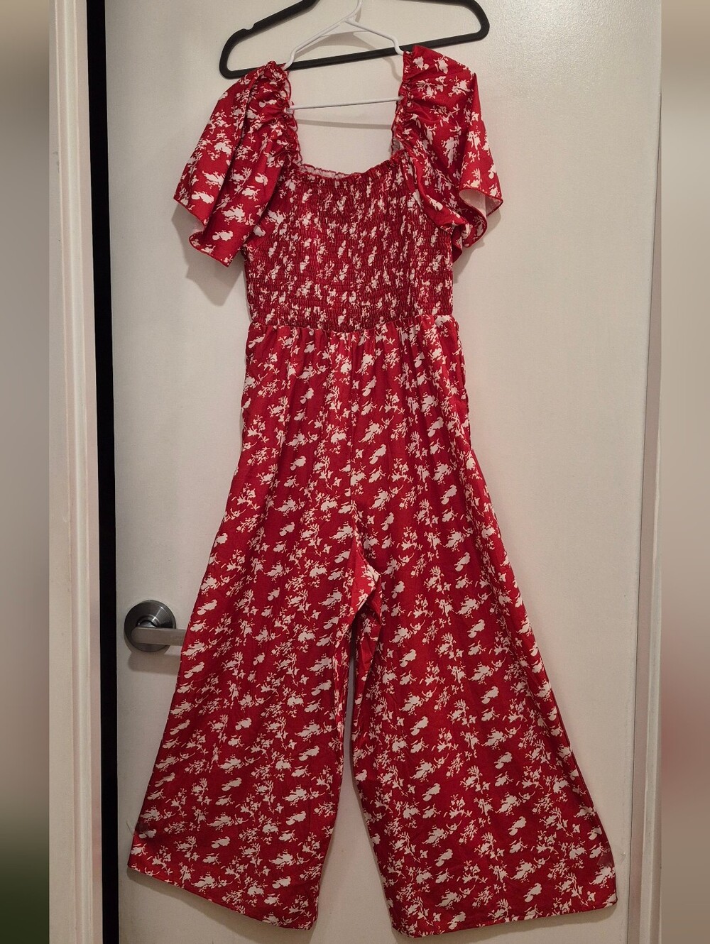 Red Floral Smocked Puff-Sleeve Wide-Leg Jumpsuit